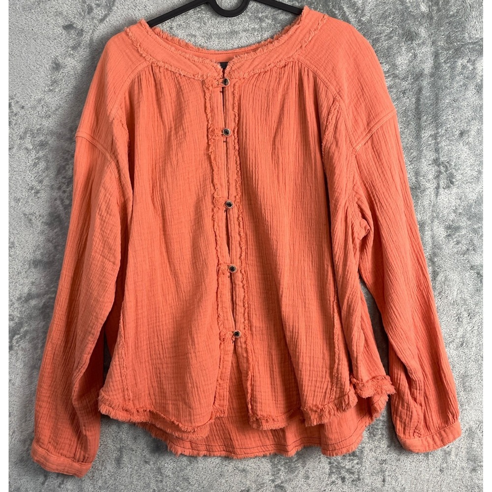 Free People Moving Mountains Oversized Shirt Long Sleeve Raw Hem Small Peachy